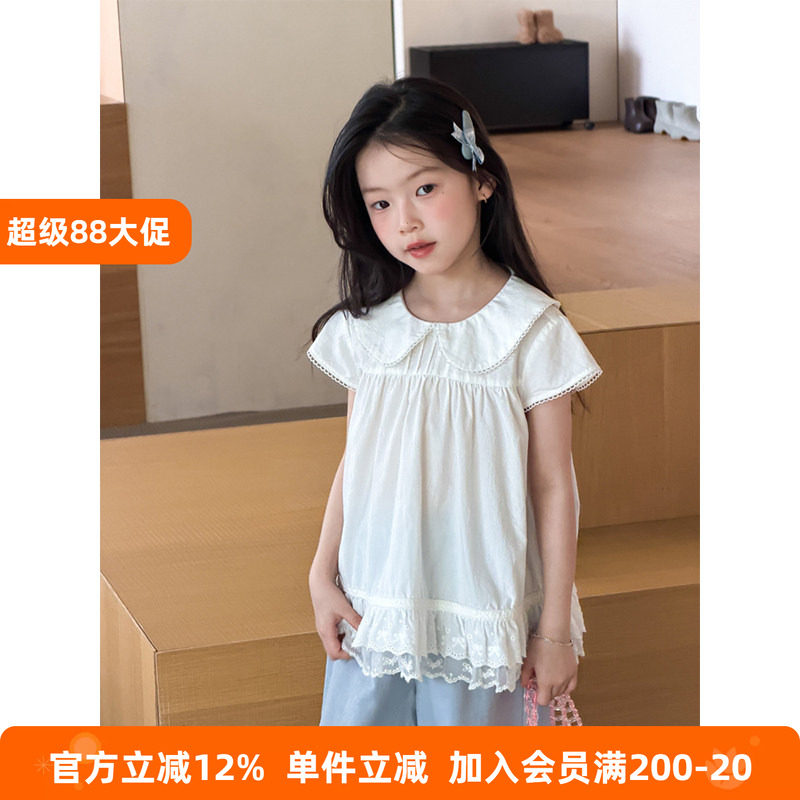 BEIFU贝芙 女童夏季轻薄透气纯棉娃娃衫儿童公主风蕾丝短袖上衣潮