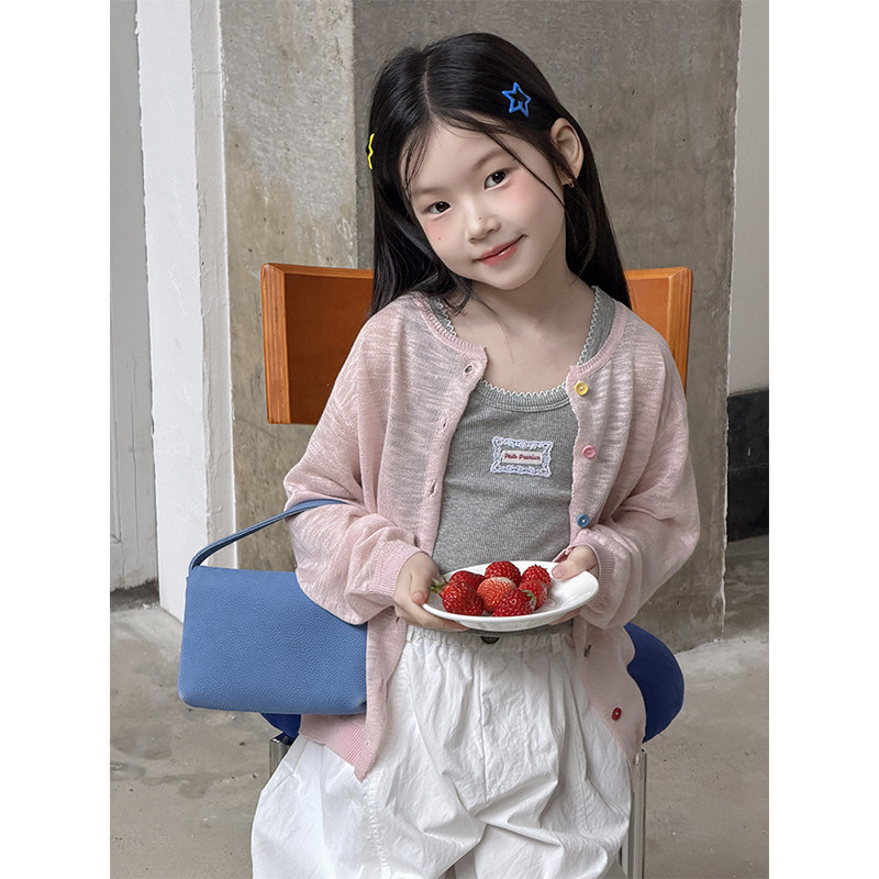 BEIFU贝芙 女童夏季轻薄透气彩扣防晒外套儿童韩版针织开衫空调服
