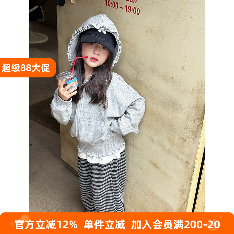 BEIFU贝芙 女童秋装甜美花边连帽卫衣儿童时髦外套中大童韩版上衣