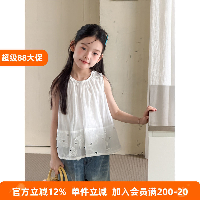 BEIFU贝芙 女童刺绣娃娃衫儿童莱赛尔立体蝴蝶镂空绣花背心上衣夏