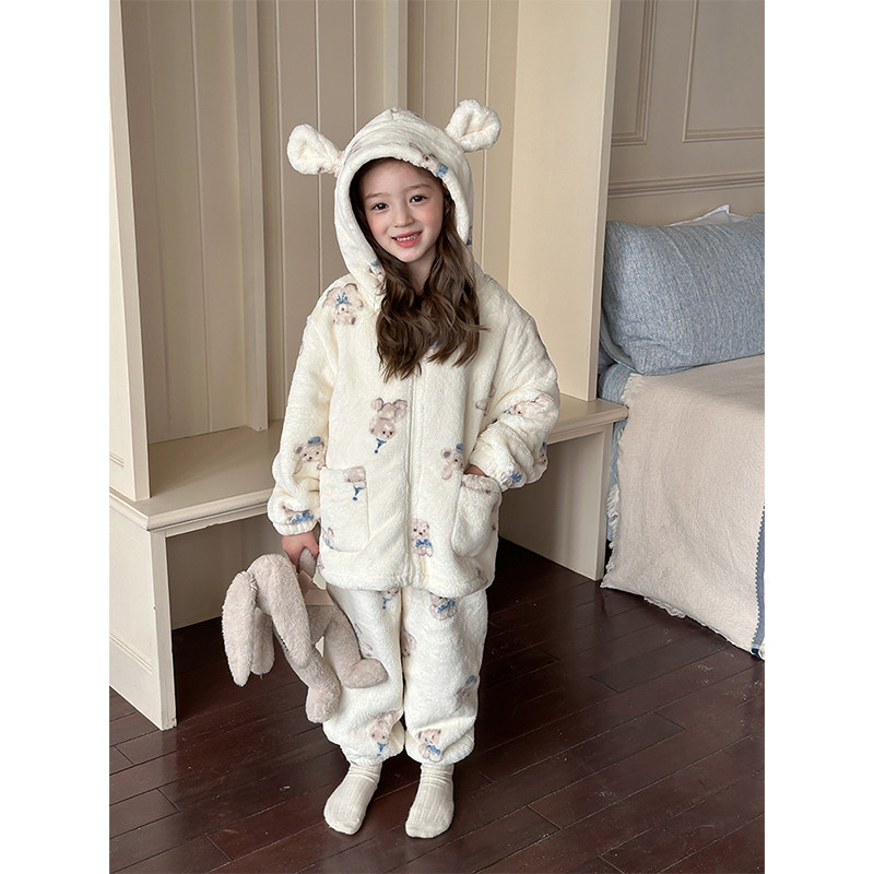 BEIFU贝芙 儿童冬季加厚卡通毛绒睡衣女童保暖软糯连帽家居服套装