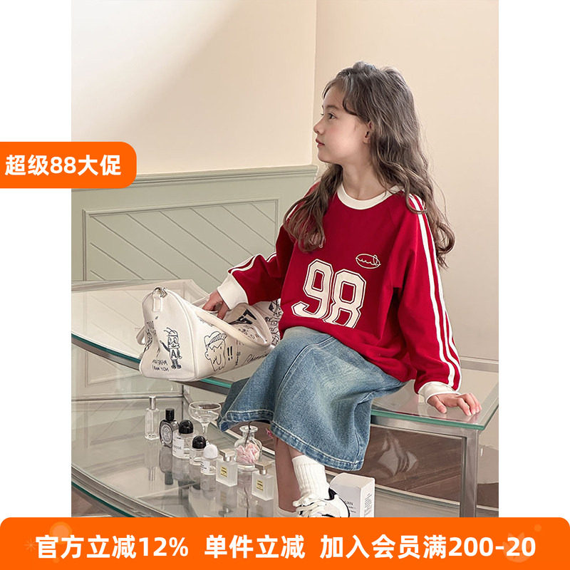 BEIFU贝芙 儿童春秋撞色字母运动长袖打底衫T恤女童韩版宽松卫衣