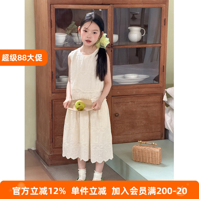 BEIFU贝芙 女童夏季花卉刺绣无袖上衣儿童纯棉花边背心半身裙套装