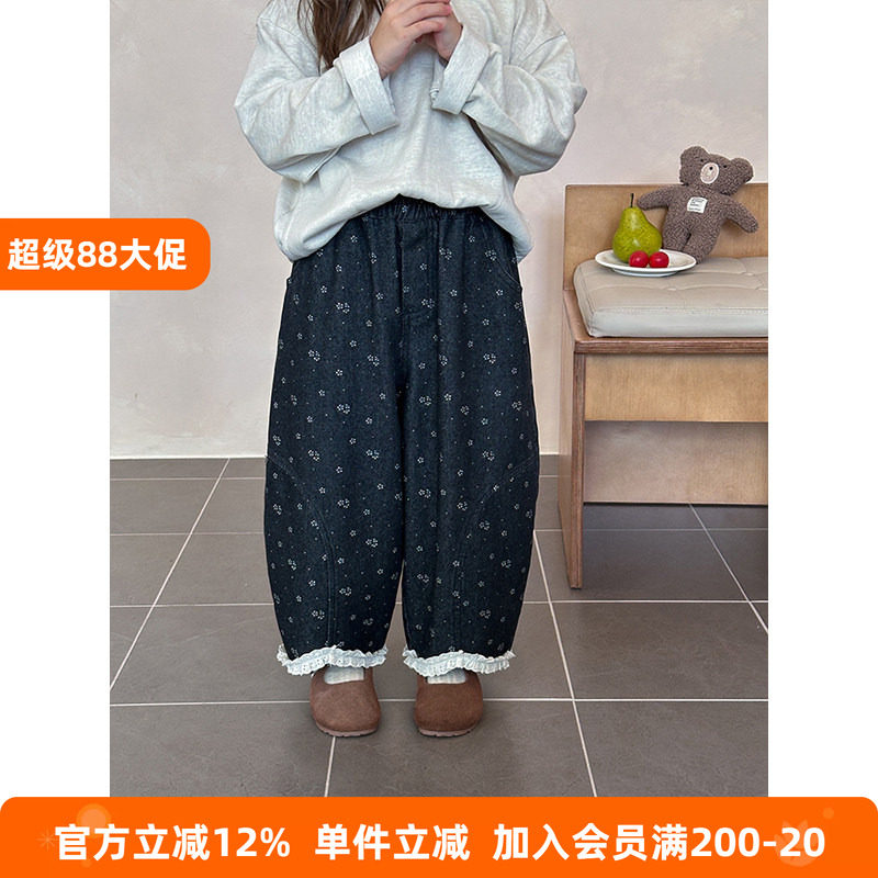 BEIFU贝芙 女童春秋装复古碎花牛仔裤儿童蕾丝花边宽松休闲弯刀裤