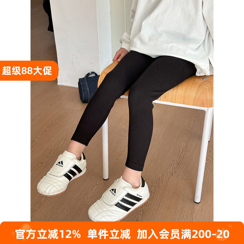 艾摩贝贝 女童春秋装纯色坑条弹力打底裤儿童韩版百搭修身束脚裤