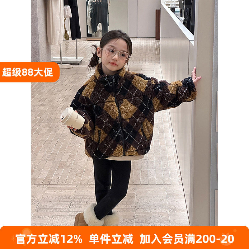 BEIFU贝芙 女童冬季加厚保暖格子毛绒外套儿童韩版夹棉立领棉服潮