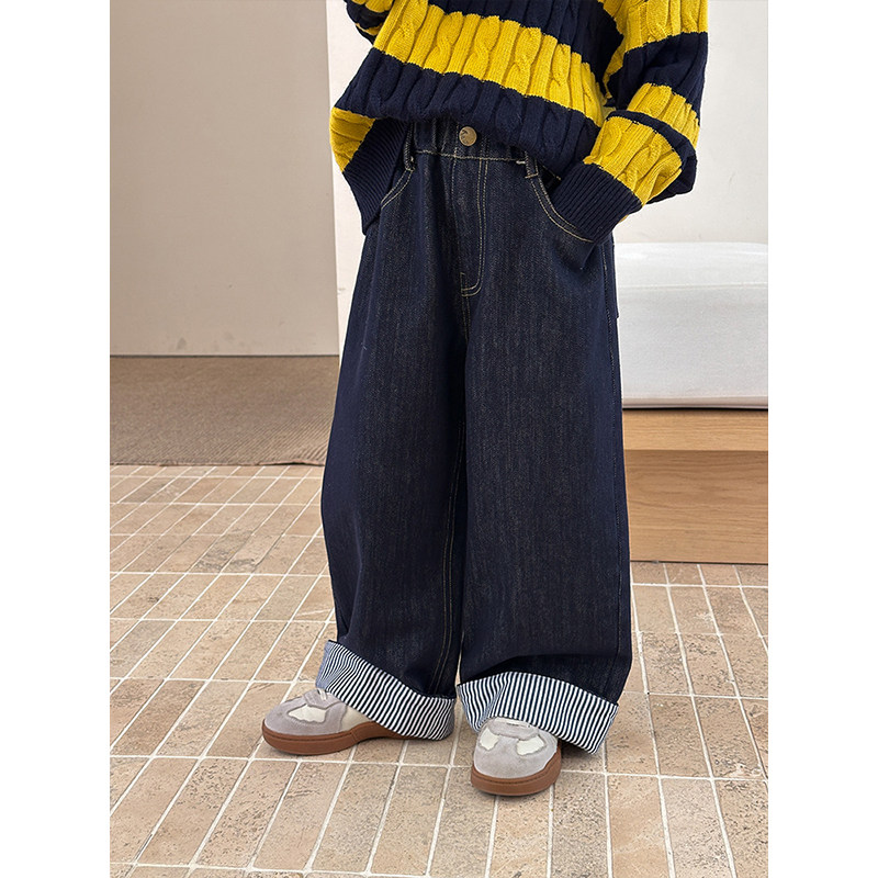 BEIFU贝芙 儿童冬季翻边条纹薄绒牛仔裤女童韩版加厚直筒阔腿裤子