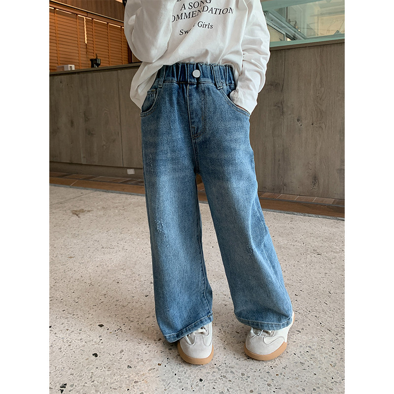 BEIFU贝芙 儿童磨破做旧设计直筒牛仔裤女童阔腿裤百搭秋装休闲裤