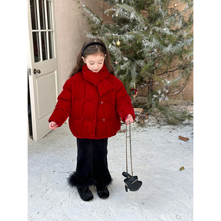 BEIFU贝芙 女童冬季90白鸭绒方格羽绒服儿童加厚保暖质感丝绒外套