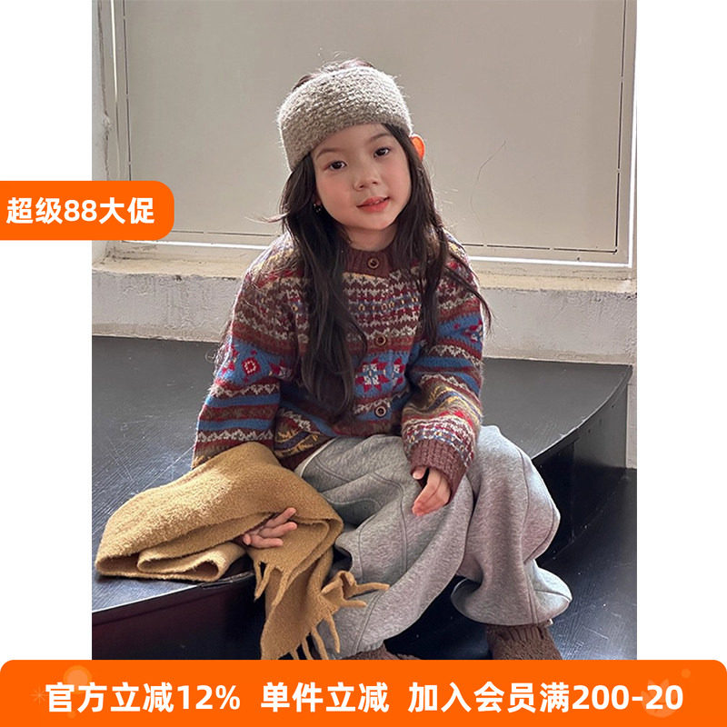 BEIFU贝芙 女童加厚棉羊绒费尔岛毛衣开衫儿童冬季撞色针织衫外套