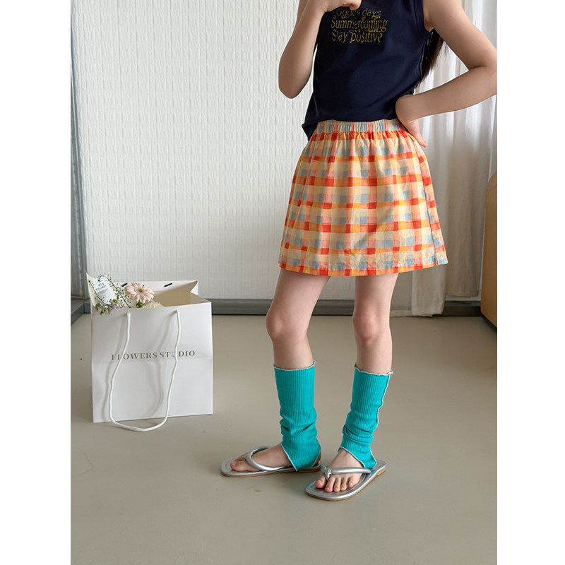 BEIFU贝芙 女童夏季清新橘子汽水彩格半身裙儿童休闲百搭全棉短裙
