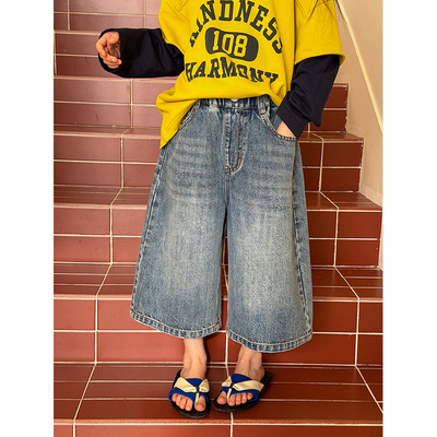 BEIFU贝芙 儿童春夏装磨白直筒牛仔裤女童韩版宽松休闲阔腿七分裤