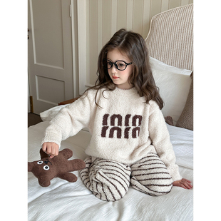 BEIFU贝芙 女童韩版可爱双面毛绒睡衣儿童加厚保暖加绒家居服套装