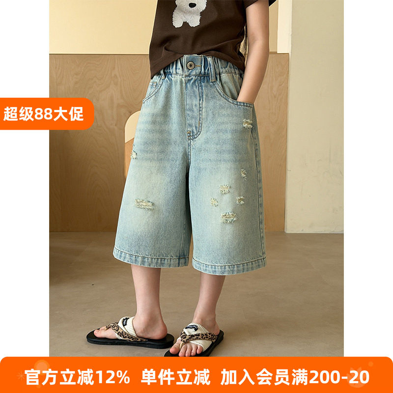 BEIFU贝芙 儿童韩版复古水洗做旧破洞五分牛仔裤女童夏季休闲中裤