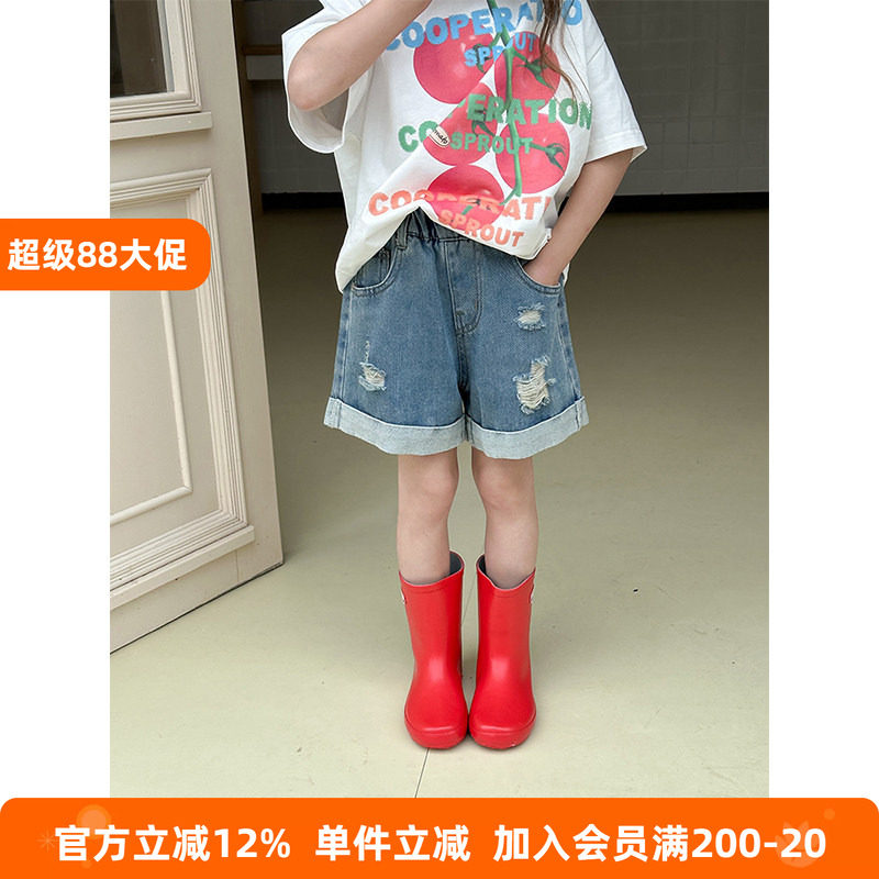 BEIFU贝芙 儿童夏季时髦卷边破洞牛仔短裤子女童韩版百搭休闲热裤