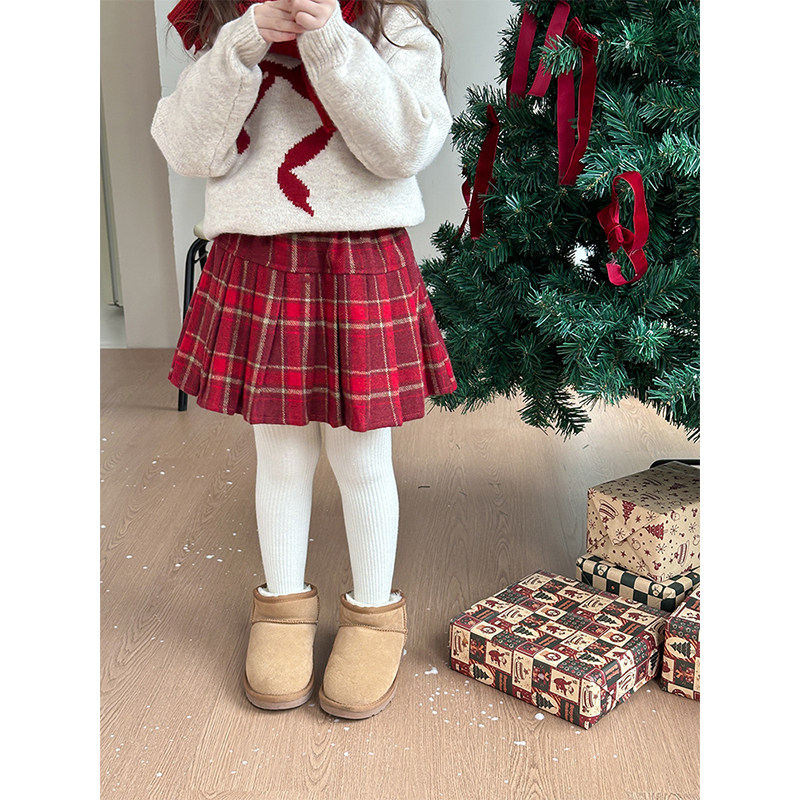 BEIFU贝芙 女童韩版加厚毛呢格子百褶裙儿童冬季新年款百搭半身裙