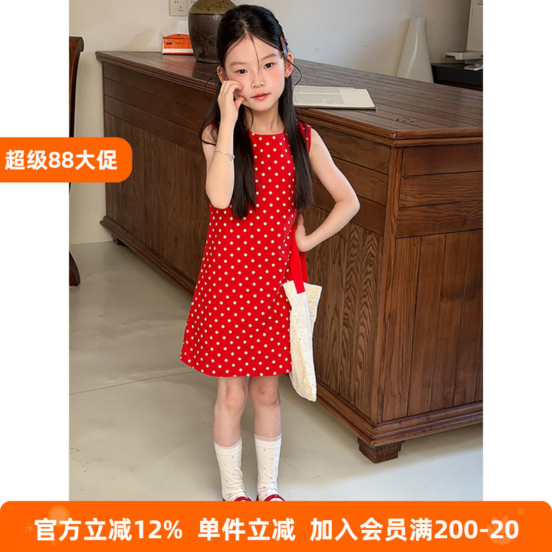 BEIFU贝芙 女童夏季后背镂空无袖连衣裙儿童法式复古波点背心裙子
