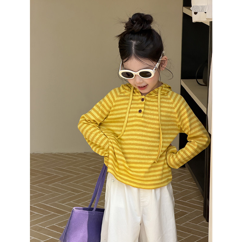 BEIFU贝芙 儿童韩版休闲连帽条纹打底衫女童春秋时髦百搭长袖T恤