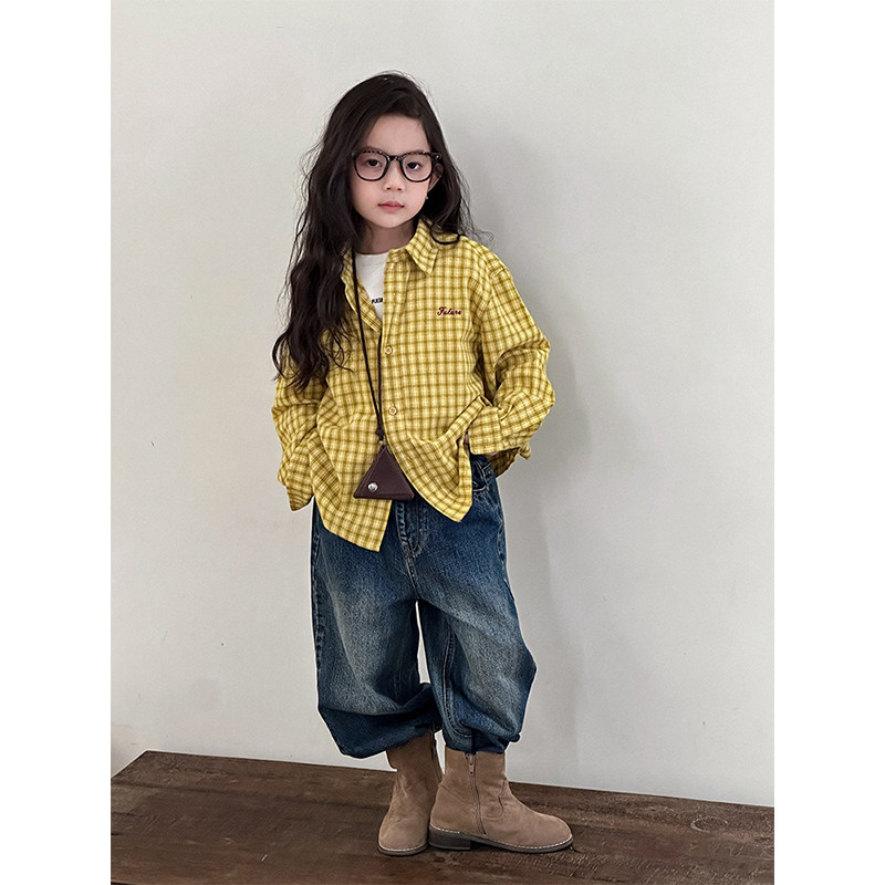 BEIFU贝芙 儿童春秋装气质全棉格子长袖衬衫女童韩版字母刺绣外套