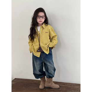 BEIFU贝芙 儿童春秋装气质全棉格子长袖衬衫女童韩版字母刺绣外套