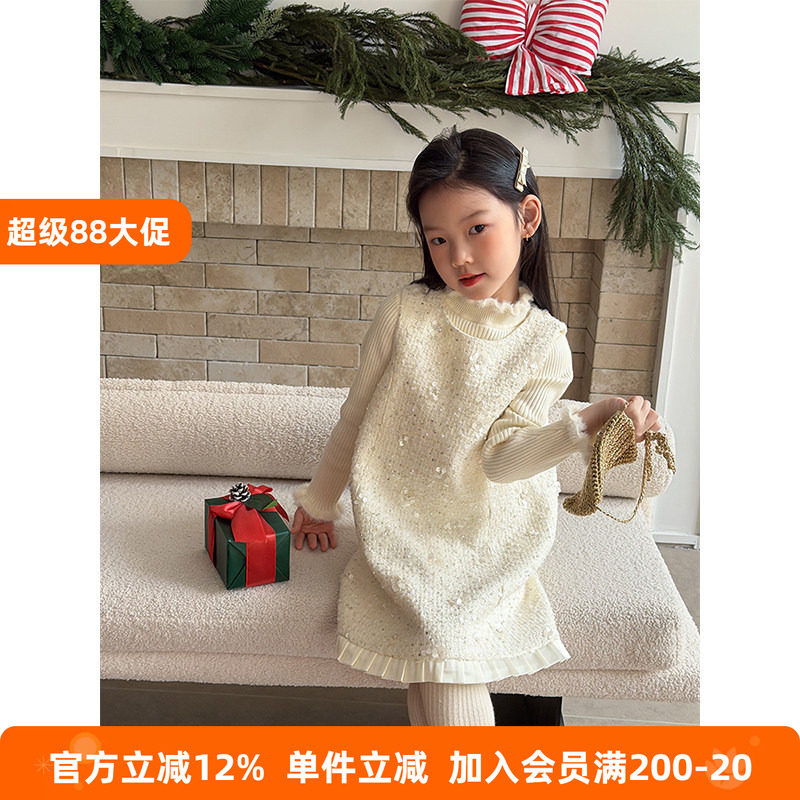 BEIFU贝芙 女童韩版花边亮片背心裙子儿童冬季加厚保暖洋气连衣裙