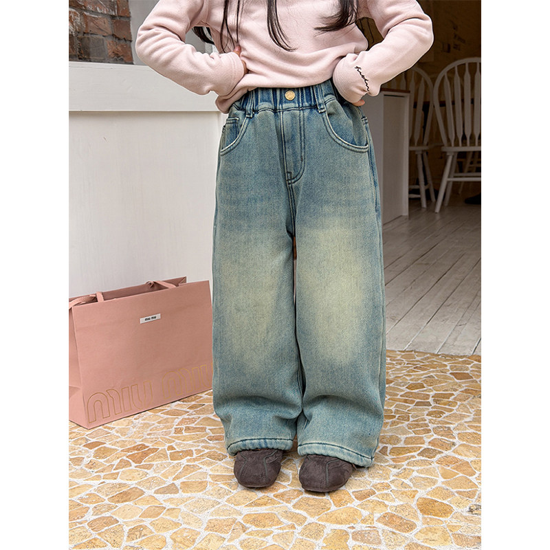 BEIFU贝芙 女童韩版休闲磨白加绒牛仔裤儿童冬季加厚保暖直筒长裤