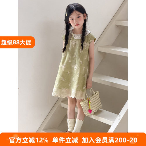 BEIFU女童夏季纯棉刺绣提花旗袍背心裙儿童复古蕾丝花边连衣裙子