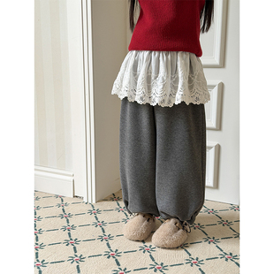 BEIFU贝芙 女童加厚加绒假两件蕾丝屁帘直筒裤儿童保暖百搭休闲裤