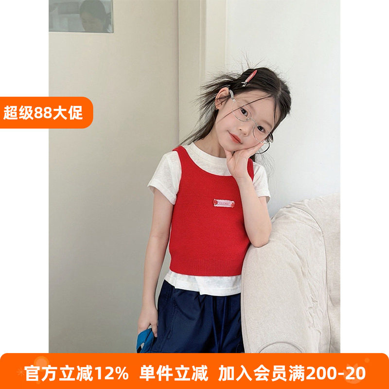 BEIFU贝芙 女童春夏装爱心贴标针织背心儿童韩版洋气叠穿马甲上衣