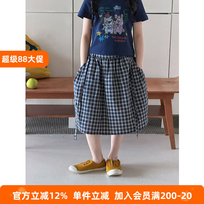 BEIFU贝芙 女童夏季时髦自带飘带格子半身裙儿童韩系复古中长裙子