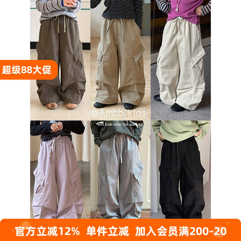BEIFU贝芙 女童纯棉宽松工装裤儿童大口袋休闲裤褶皱百搭直筒裤秋