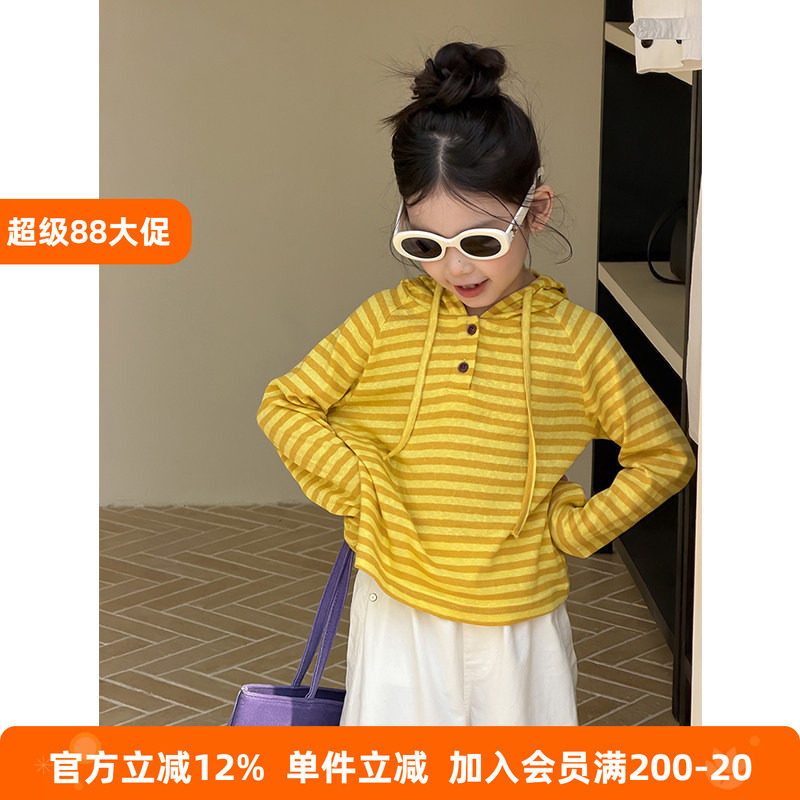 BEIFU贝芙 儿童韩版休闲连帽条纹打底衫女童春秋时髦百搭长袖T恤