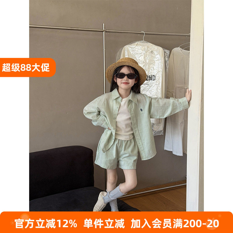BEIFU儿童夏季轻薄竹节棉防晒衣衬衫短裤两件套女童早秋休闲套装
