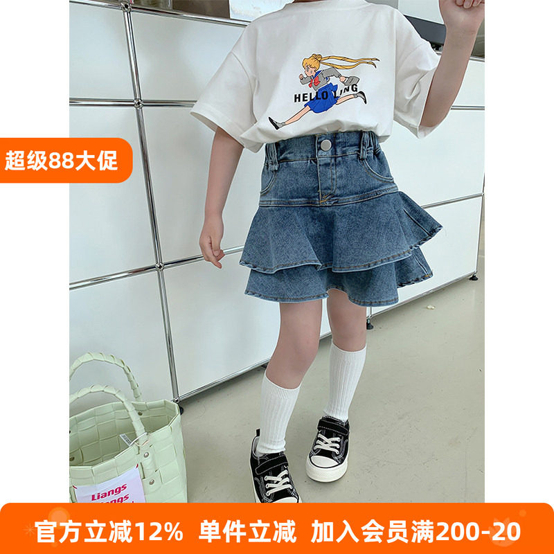 BEIFU贝芙 女童夏季洋气拼接牛仔蛋糕裙儿童韩版高弹百褶半身裙子