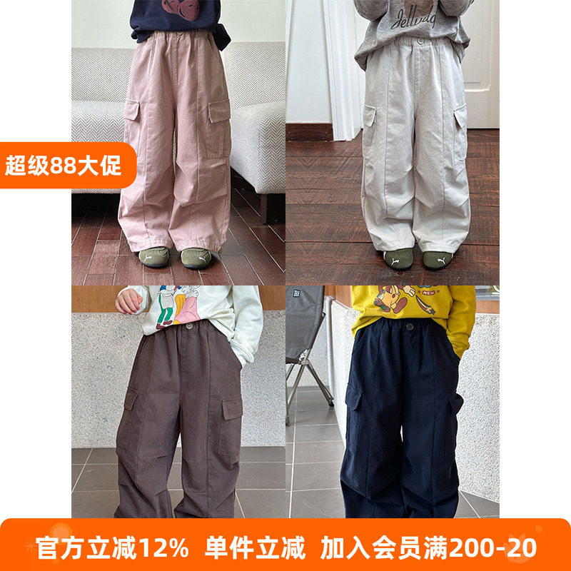 BEIFU贝芙 儿童春秋软糯洗水棉口袋工装裤女童宽松阔腿直筒休闲裤
