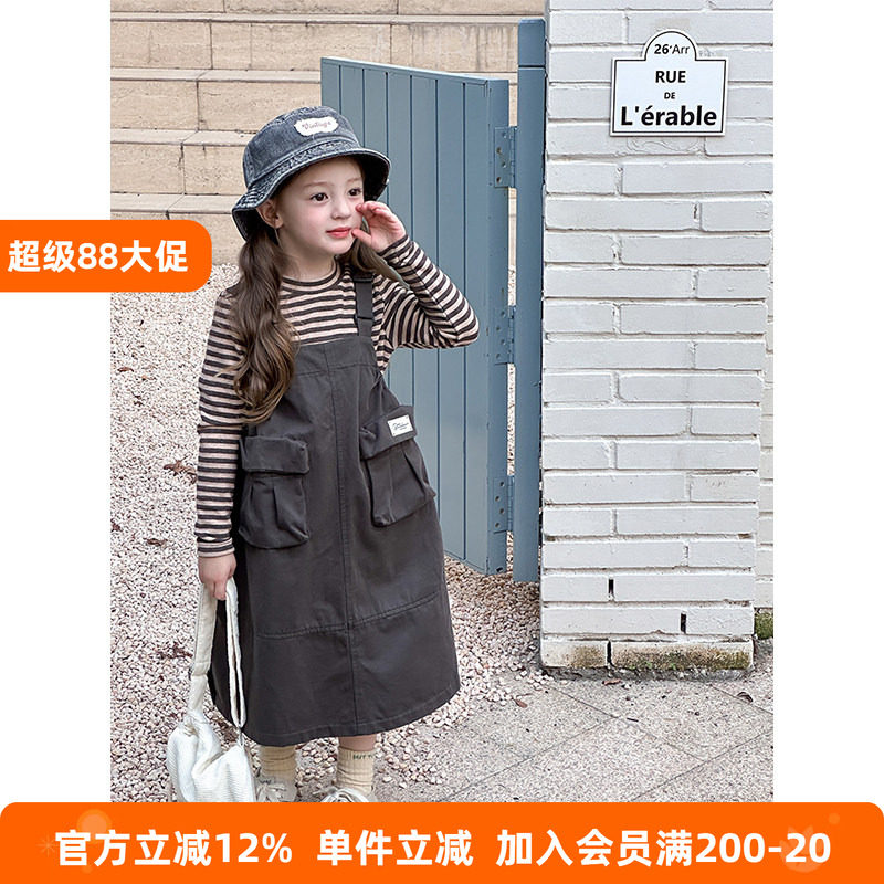 BEIFU贝芙 女童韩版休闲贴标背带裙儿童春秋装时髦百搭工装连衣裙