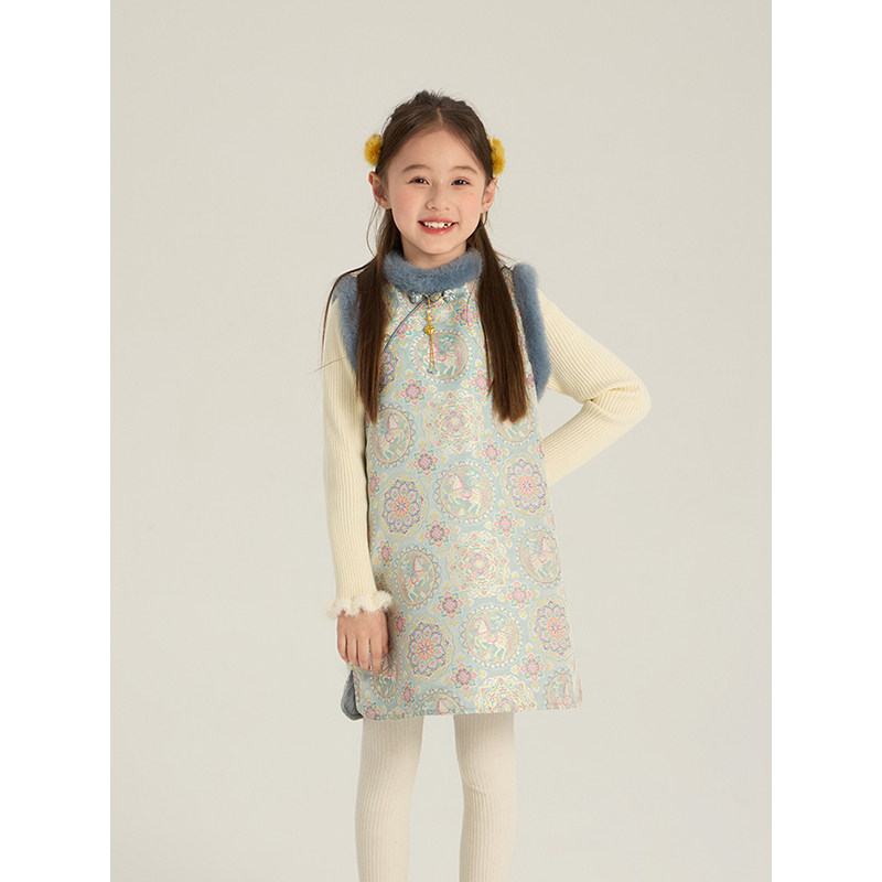 BEIFU贝芙 女童新中式夹棉毛毛背心旗袍裙儿童加厚国风马甲拜年服