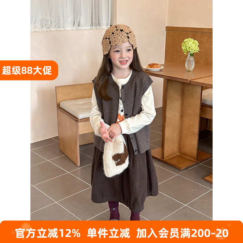 BEIFU贝芙 女童春秋装复古针织开衫马甲儿童韩版时髦百搭毛衣背心