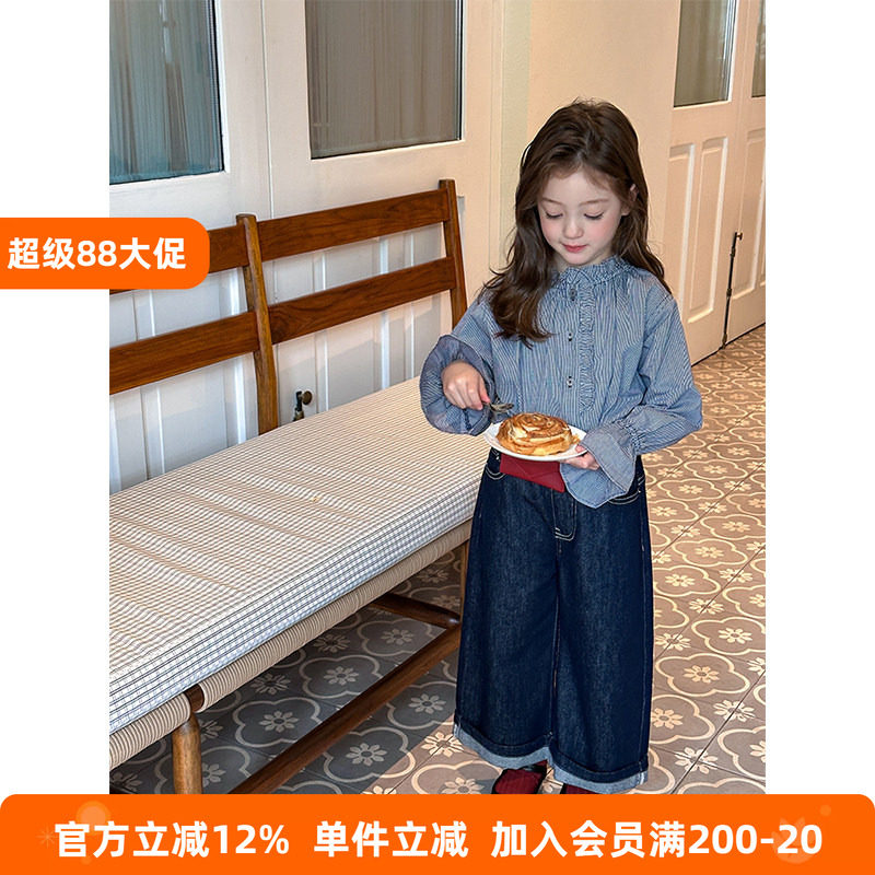 BEIFU贝芙 女童春秋装纯棉花边立领格子衬衫儿童韩版个性时髦衬衣