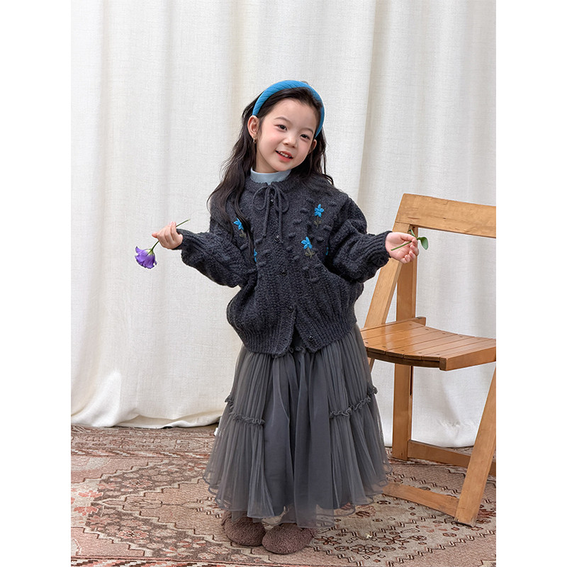 BEIFU贝芙 女童冬季气质立体提花毛衣外套儿童韩版加厚针织开衫