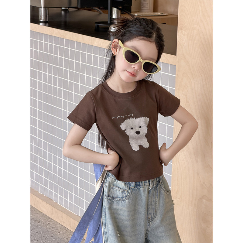BEIFU贝芙 女童夏季洋气短款小狗T恤儿童韩版辣妹风正肩修身短袖