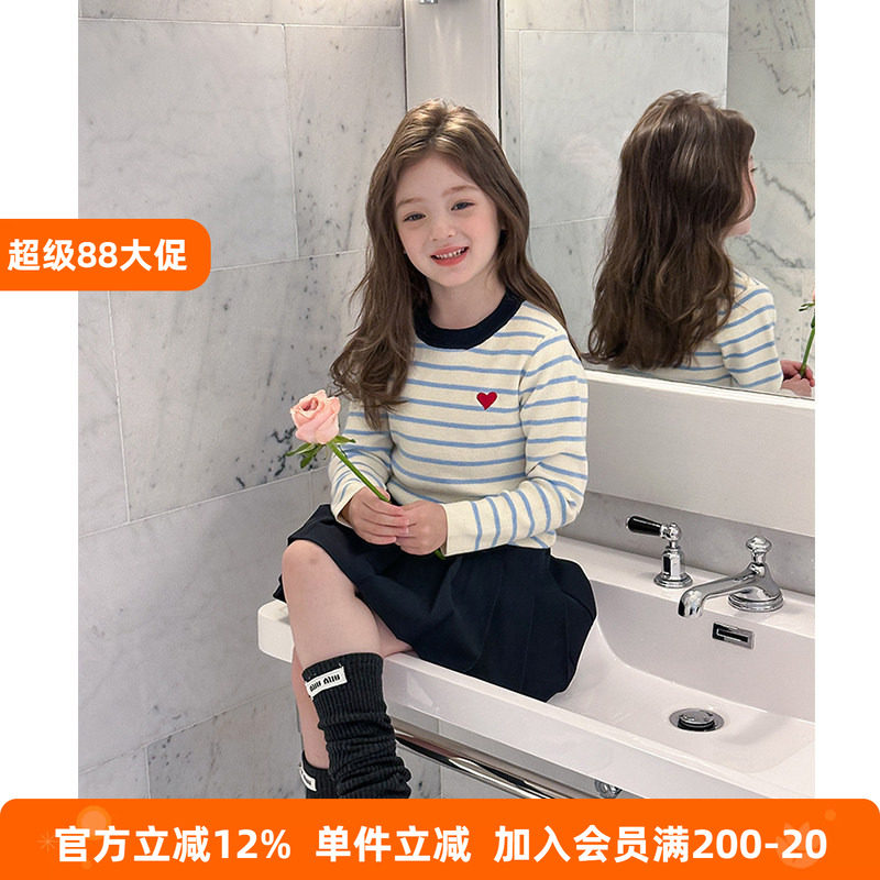 BEIFU贝芙 女童秋装撞色条纹爱心毛衣休闲学院风针织衫儿童上衣潮