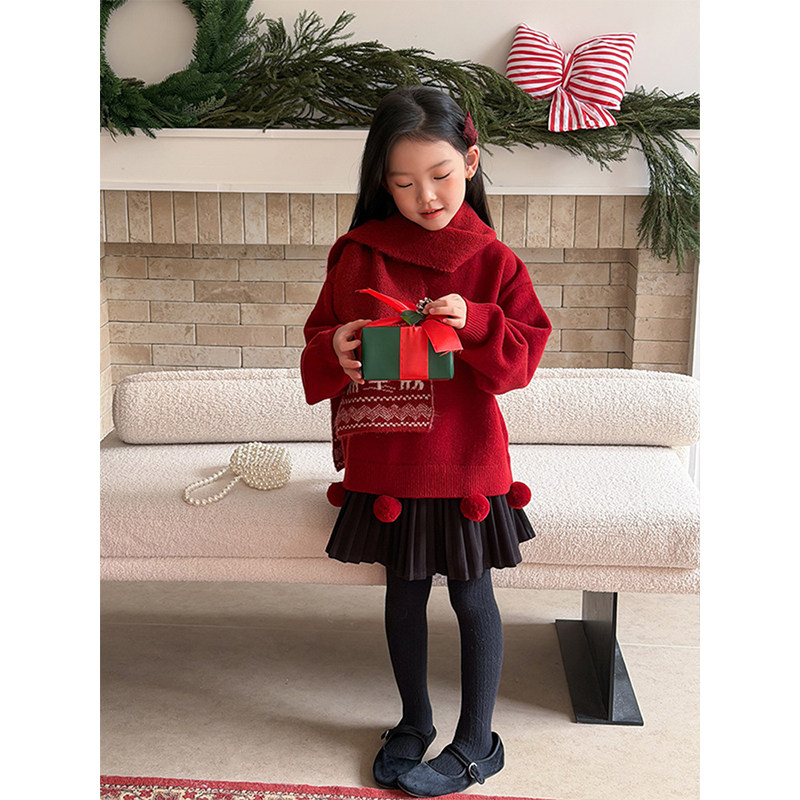 BEIFU贝芙 女童冬季新年款洋气球球毛衣儿童加厚百搭保暖针织衫潮