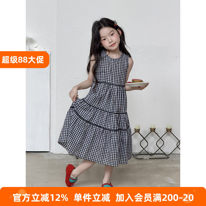 BEIFU贝芙 女童夏季复古格子背心裙儿童韩版中长款花边无袖连衣裙