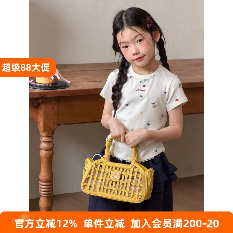 BEIFU贝芙 女童夏季短款蕾丝边辣妹T恤儿童温柔清新碎花短袖上衣