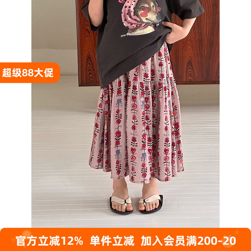 BEIFU贝芙 儿童夏季田园风大裙摆拼接半身裙女童森系复古碎花长裙