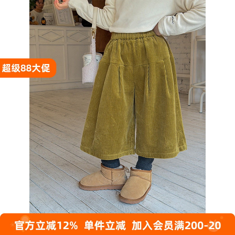 BEIFU贝芙 女童冬季加绒加厚保暖阔腿裤儿童洋气休闲灯芯绒八分裤