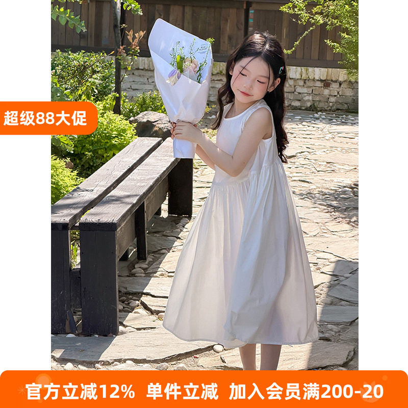 BEIFU贝芙 女童夏季韩系温柔纯棉背心裙儿童休闲百搭纯色连衣裙子
