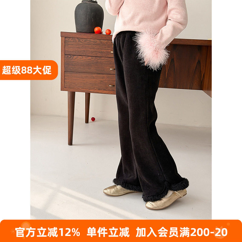 BEIFU贝芙 女童洋气加绒毛边喇叭裤儿童韩版冬季加厚保暖微喇裤子