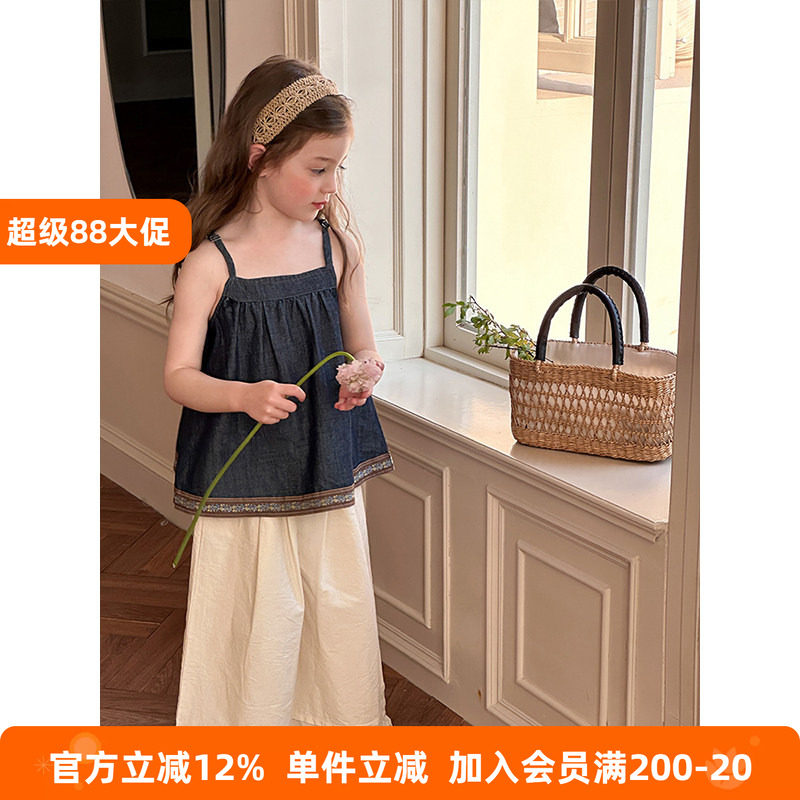 BEIFU贝芙 女童夏季时髦复古拼接牛仔吊带衫儿童韩版休闲花边背心